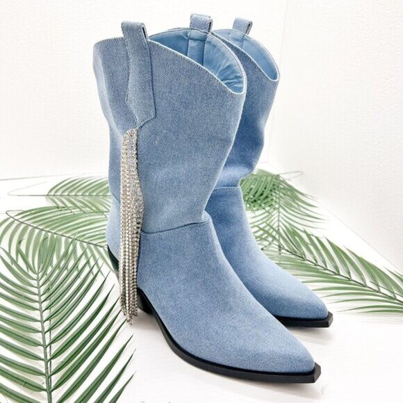 Azalea Wang Blue Denim Rhinestone Fringed Wide Calf Ankle Boots Size 7 Cowboy - Picture 1 of 13